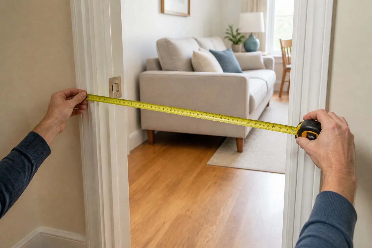 Hands measuring a doorway before furniture delivery with a sofa visible in the next room